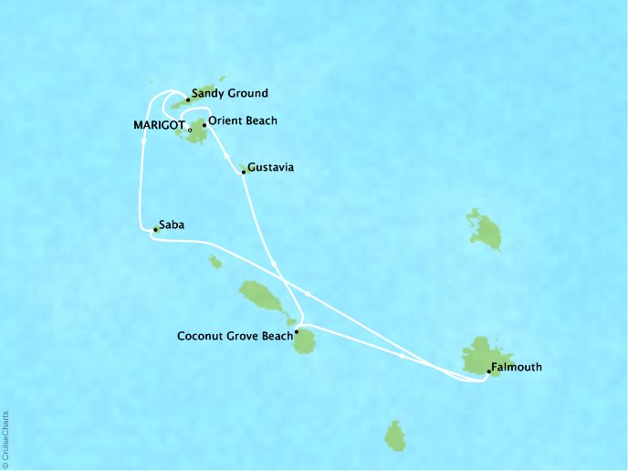 Luxury Cruises Crystal Map Detail Marigot, Saint Martin to Marigot, Saint Martin December 8-15 2026 - 7 Days
