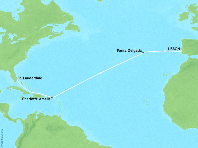 Luxury Cruises Crystal Serenity Map Detail Lisbon, Portugal to Fort Lauderdale, FL, United States April 17-29 2026 - 12 Days