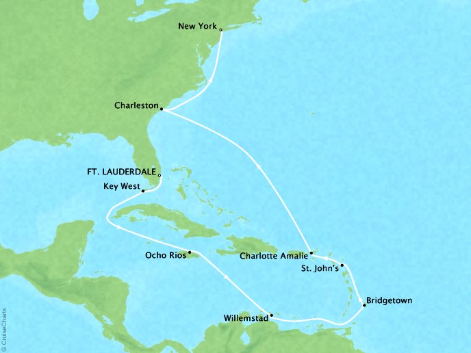 Luxury Cruises Crystal Serenity Map Detail Fort Lauderdale, FL, United States to New York, NY, United States April 29 May 13 2026 - 14 Days