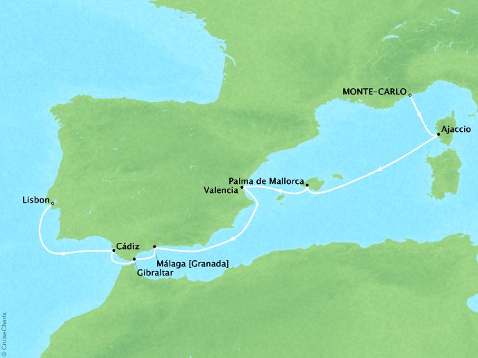 Luxury Cruises Crystal Serenity Map Detail Monte Carlo, Monaco to Lisbon, Portugal April 8-17 2026 - 9 Days