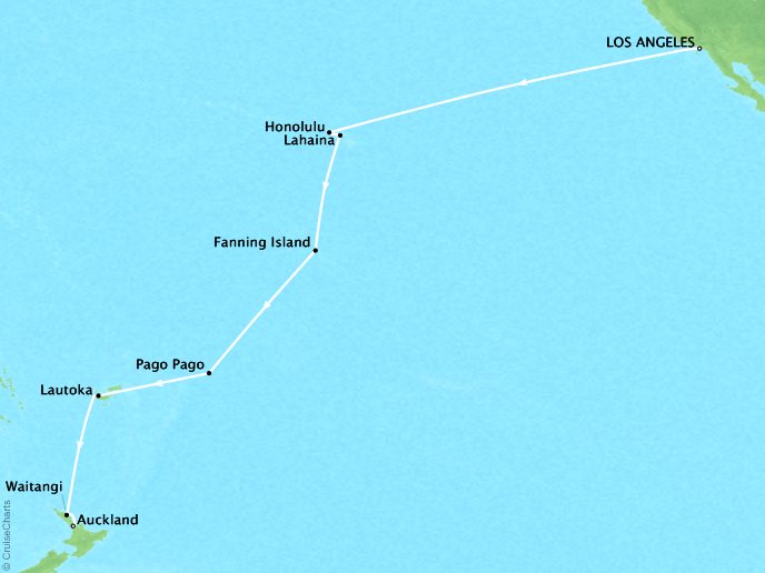 Luxury Cruises Crystal Serenity Map Detail Los Angeles, CA, United States to Auckland, New Zealand January 13 February 5 2026 - 23 Days