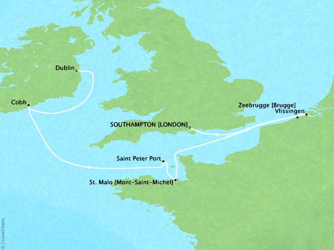 Luxury Cruises Crystal Serenity Map Detail Southampton, United Kingdom to Dublin, Ireland June 2-10 2026 - 8 Days