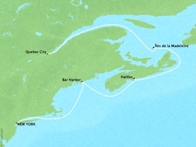 Luxury Cruises Crystal Serenity Map Detail New York, NY, United States to Qubec City, Canada May 13-20 2026 - 7 Days