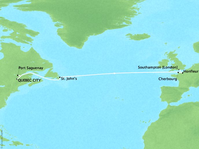 Luxury Cruises Crystal Serenity Map Detail Qubec City, Canada to Southampton, United Kingdom May 20 June 2 2026 - 13 Days