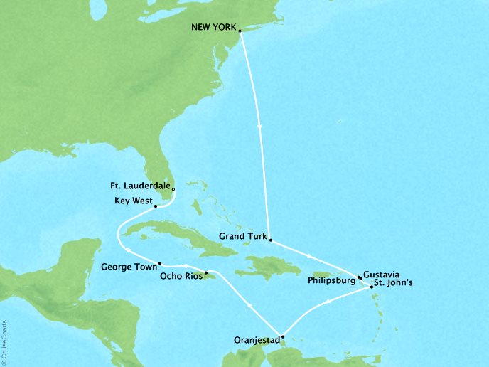 Luxury Cruises Crystal Serenity Map Detail New York, NY, United States to Fort Lauderdale, FL, United States November 21 December 6 2026 - 15 Days