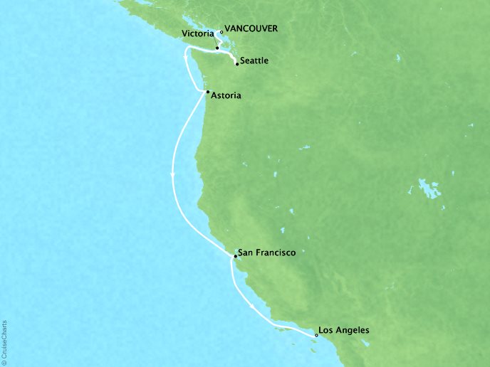 Luxury Cruises Crystal Symphony Map Detail Vancouver, Canada to Los Angeles, CA, United States August 20-30 2026 - 10 Days