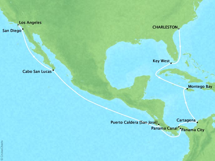 Luxury Cruises Crystal Symphony Map Detail Charleston, SC, United States to Los Angeles, CA, United States December 1-20 2026 - 19 Days