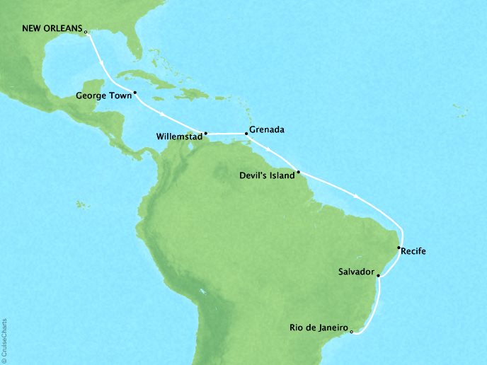 Luxury Cruises Crystal Symphony Map Detail New Orleans, LA, United States to Rio De Janeiro, Brazil January 5-24 2026 - 19 Days