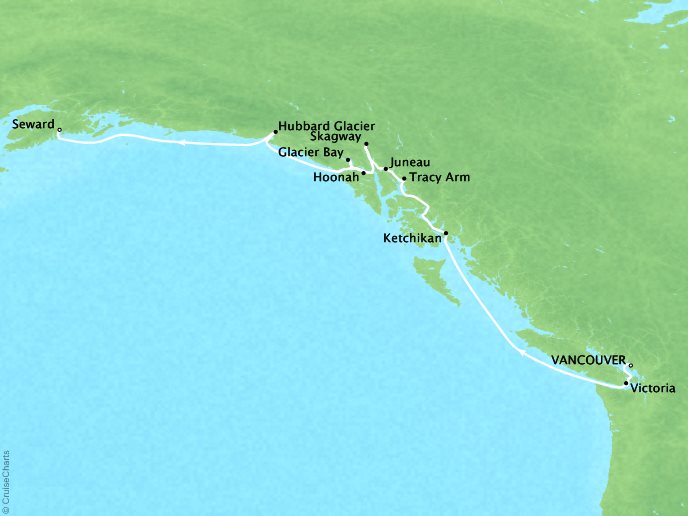 Luxury Cruises Crystal Symphony Map Detail Vancouver, Canada to Seward, AK, United States July 2-12 2026 - 10 Days