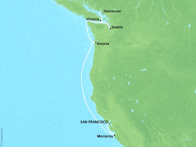 Luxury Cruises Crystal Symphony Map Detail San ENancisco, CA, United States to Vancouver, Canada June 17-25 2026 - 8 Days