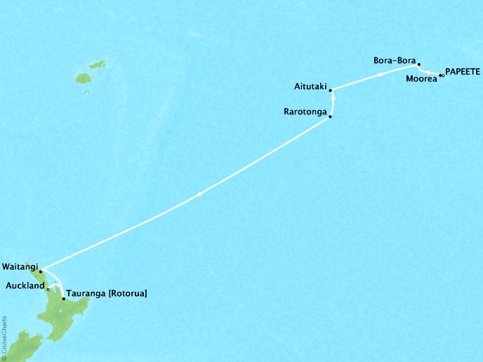Luxury Cruises Crystal Symphony Map Detail Papeete, ENench Polynesia to Auckland, New Zealand March 7-23 2026 - 16 Days