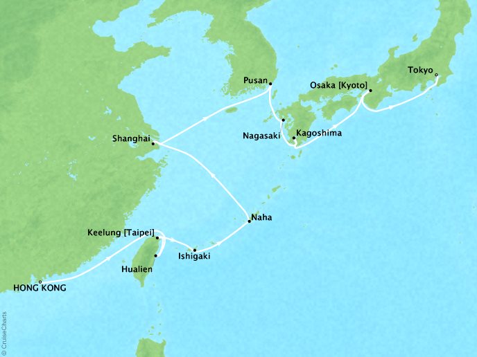 Luxury Cruises Crystal Symphony Map Detail Hong Kong, China to Tokyo, Japan May 9-26 2026 - 16 Days