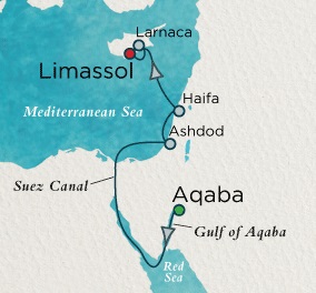 Luxury Crystal Cruises Map Detail Petra (Aqaba), Jordan to Limassol, Cyprus April 8-16 2028 - 8 Days