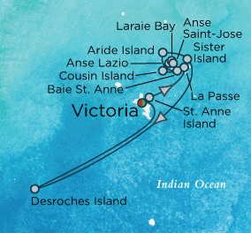 Luxury Crystal Cruises Map Detail Dubai, United Arab Emirates to Mahe, Seychelles January 12-21 2028 - 9 Days