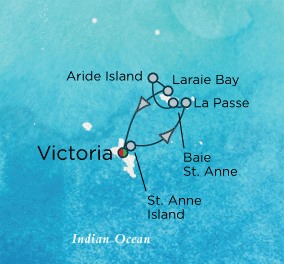 Luxury Crystal Cruises Map Detail Dubai, United Arab Emirates to Victoria, Seychelles January 8-14 2028 - 7 Days