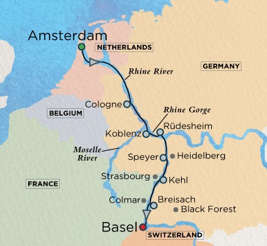 Luxury Crystal ocean Bach Cruise Map Detail Amsterdam, Netherlands to Basel, Switzerland December 15-26 2028 - 10 Days