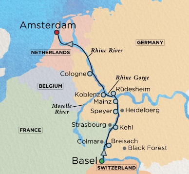 Luxury Crystal ocean Bach Cruise Map Detail Basel, Switzerland to Amsterdam, Netherlands December 5-15 2028 - 10 Days