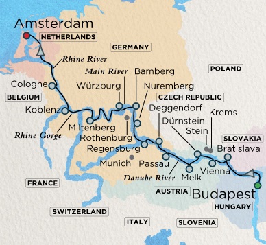 Luxury Crystal ocean Mahler Cruise Map Detail Budapest, Hungary to Amsterdam, Netherlands August 16 September 1 2028 - 16 Days