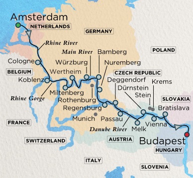 Luxury Crystal ocean Mahler Cruise Map Detail Amsterdam, Netherlands to Budapest, Hungary March 25 April 10 2028 - 16 Days