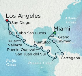 Luxury Crystal Cruises Symphony Map Detail Miami, FL, United States to Los Angeles, CA, United States April 30 May 18 2028 - 18 Days