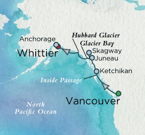 Luxury Crystal Cruises Symphony Map Detail Vancouver, Canada to Whittier, AK, United States June 3-10 2028 - 7 Days
