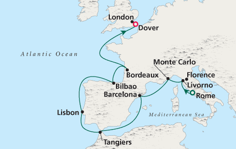 Just Cruise Map Rome to London - Voyage 0212